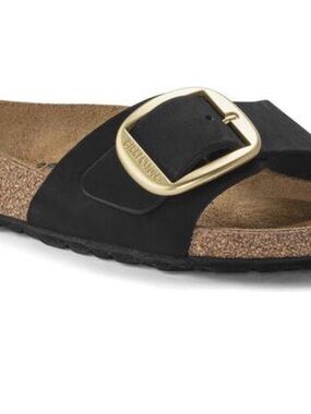 Birkenstock Madrid Black Suede Slide with Gold Buckle Accent
